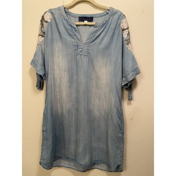 BLUE RAIN Dress Sand Washed Look Chambray Embroidered Cold Shoulder Pockets Med - Picture 10 of 12
